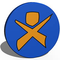 Rundes Logo des Integrationsprojektes e.V.. Orangenes Männchen auf blauen Grund.